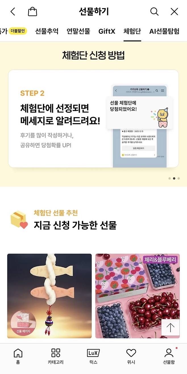 카카오톡 선물하기 내 '체험단' 탭 (카카오톡 선물하기 갈무리)