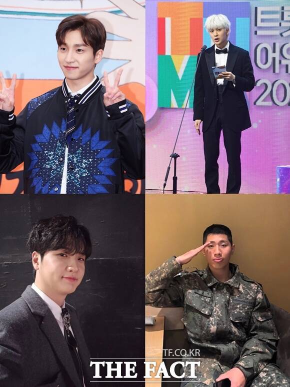 그룹 더보이즈 상연, 아이콘 송윤형, 가수 유승우, 밴드 루시 신광일(왼쪽 위부터 시계방향)이 팬들 곁으로 돌아온다. /더팩트 DB, 소셜 미디어 캡처