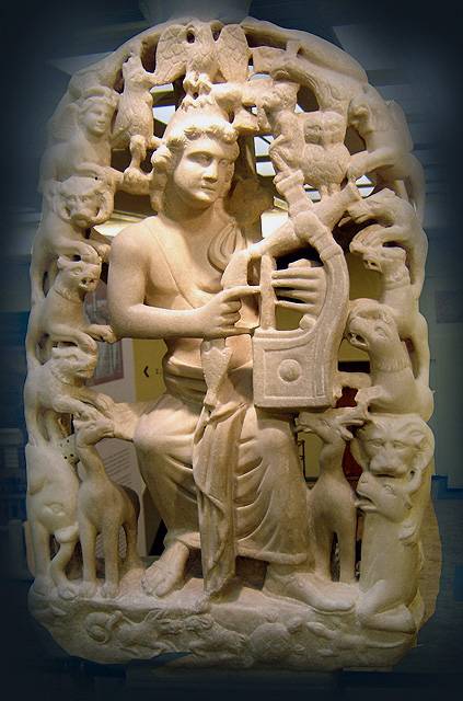 Fourth-century Roman statuette of Orpheus with the lyre, surrounded by beasts, from Aegina, now on display in the Byzantine and Christian Museum in Athens. [WIKIPEDIA]