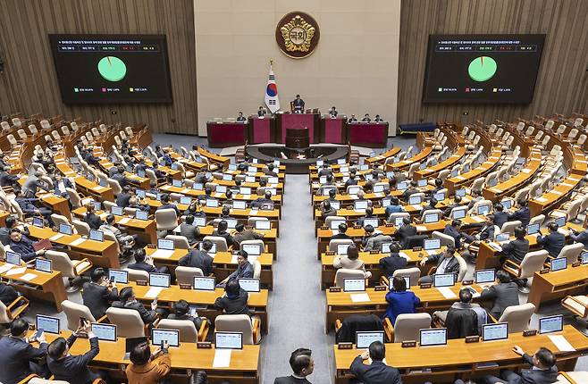Lawmakers pass an antidisinformation bill led by the ruling Democratic Party during a plenary session of the National Assembly’s December extraordinary session in Yeouido, western Seoul, on Dec. 24, 2025. [YONHAP]
