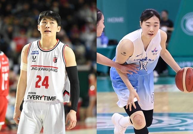 정관장 문유현(왼쪽)과 신한은행 이가현. /사진=KBL, WKBL 제공