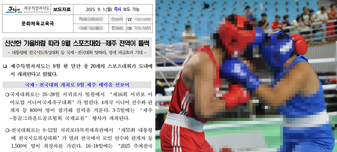 지난해 9월 제주도가 중학생 복싱선수가 사고를 당한 제55회 대통령배 전국시도복싱대회 등을 홍보하며 내놓은 보도자료와 당시 열린 복싱대회 모습. 제주도 제공