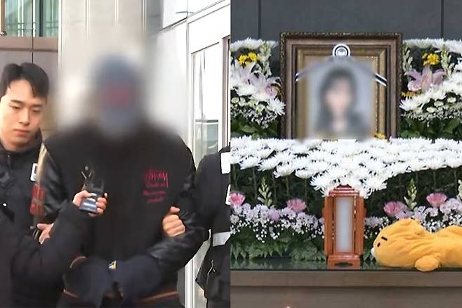 지난달 31일 여자친구를 살해하고 시체를 유기한 혐의를 받는 20대 남성이&nbsp;구속 전 피의자 심문을 위해&nbsp;수원지법 안산지원에 출석한 모습. 오른쪽은 피해 여성 빈소. YTN·MBC 보도화면 캡처