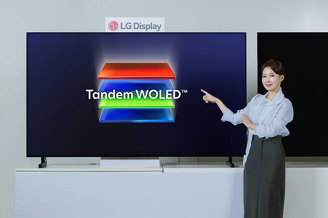 LG디스플레이 직원이 미국 라스베이거스에서 6일(현지시각) 열리는 ‘CES 2026’에서 공개하는 대형 유기발광다이오드(OLED) 패널 신제품을 소개하고 있다./LG디스플레이