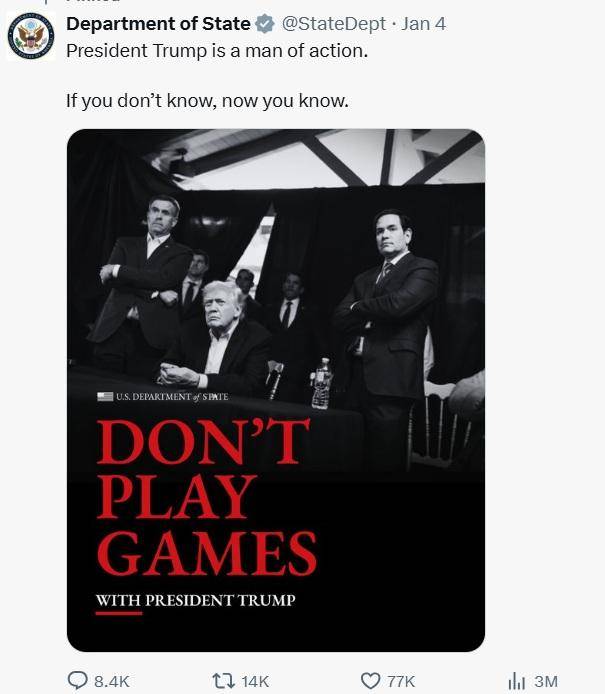 3일 미국 국무부 엑스(X) 공식 계정에 오른 도널드 트럼프(가운데) 미국 대통령과 존 랫클리프(왼쪽) 미 중앙정보국(CIA) 국장, 피트 헤그세스 미 국방장관의 사진. 플로리다주 마러라고 리조트에서 미군의 니콜라스 마두로 베네수엘라 대통령 생포 작전을 지켜보는 모습으로, '트럼프 대통령에게 장난치지 말라(Don't play games with president Trump)'는 문구가 하단에 적혀 있다. X 캡처