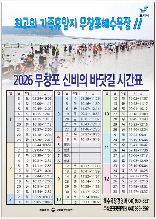 보령시는 6일 무창포 '신비의 바닷길' 2026년 시간표를 공개했다.
