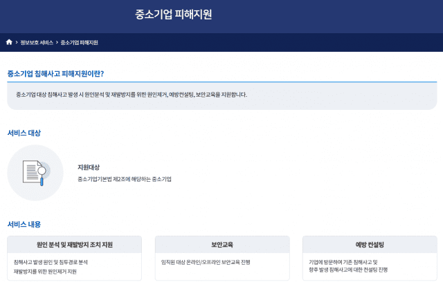 한국인터넷진흥원이 운영하는 중소기업 피해지원 서비스 개요. (사진=한국인터넷진흥원 보호나라 홈페이지 갈무리)