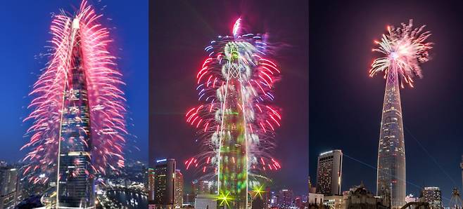 (왼쪽부터) 2017년 4월, 2019년 5월, 2026년 1월 진행된 롯데월드타워 불꽃쇼. /롯데물산 제공