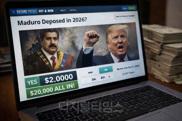 AI가 생성한 이미지. 미래 예측 베팅 사이트 내 ‘마두로의 몰락’에 2만 달러를 베팅하는 모습