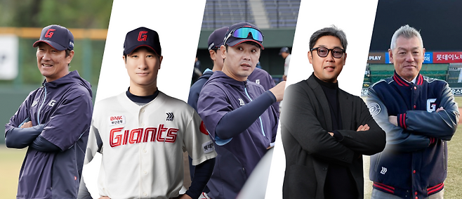 카네무라 사토루(오른쪽 두 번째) 총괄 코디네이터와 히사무라 히로시(맨 오른쪽) 스트렝스 코치. 롯데 자이언츠