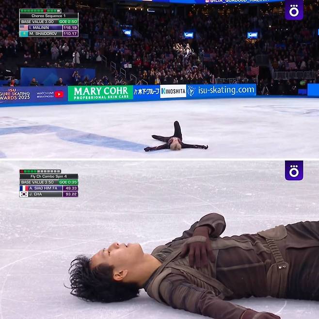 연기 후 쓰러진 미국의 일리야 말리닌과 프랑스의 아담 샤오힘파