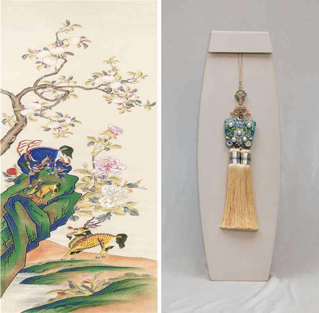 Left: A traditional painting of girin, an auspicious mythical creature, gifted by President Lee Jae Myung to Chinese President Xi Jinping during their second summit in Beijing on Jan. 5, Right: A Korean traditional ornamental pendant presented by President Lee Jae Myung and first lady Kim Hea Kyung to Chinese first lady Peng Liyuan. [BLUE HOUSE]