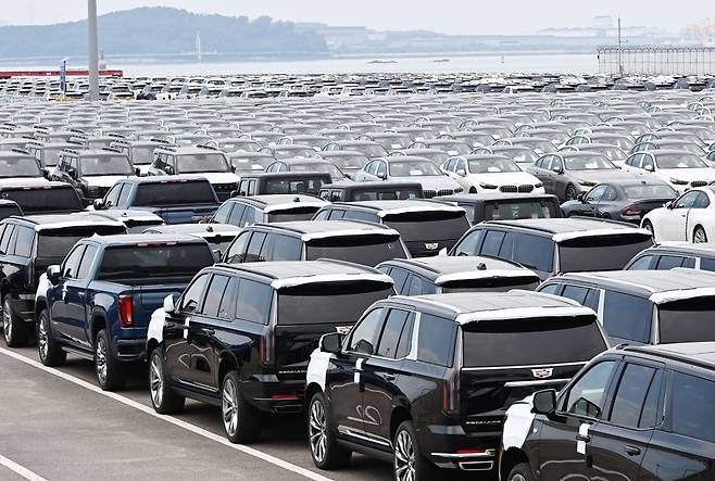 한미 관세협상이 타결된 지난해 7월 31일 경기 평택시 포승읍 평택항 자동차 전용부두에 수입된 미국산 자동차가 세워져 있다. 뉴시스