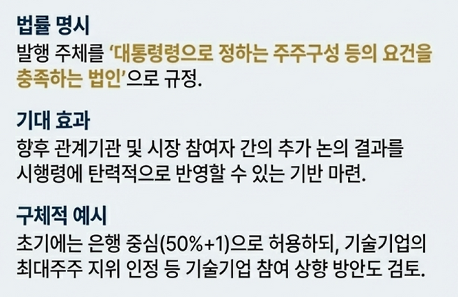 정부가 검토 중인 방안에 ‘디지털자산기본법’ 쟁점 조율방안에 따르면 스테이블코인 발행 주체는 ‘은행이 과반 지분(50%+1주)을 보유한 컨소시엄’으로 가닥이 잡혔다. 금융위는 제도 도입 초기에는 은행 중심으로 발행을 허용하되, 추후 시장 상황에 따라 기술 기업의 지분 참여 확대를 검토한다는 방침이다. [출처=구글 노트북LM 생성]