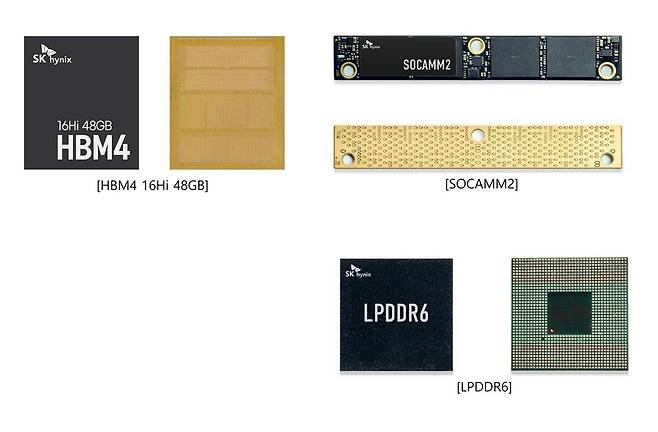SK하이닉스 CES2026 전시 제품 (왼쪽부터 시계 방향으로) △HBM4 16Hi 48GB △SOCAMM2 △LPDDR6./사진 제공=SK하이닉스