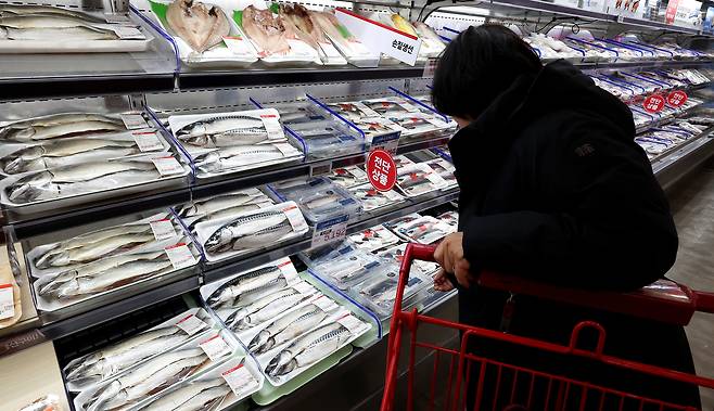 서울의 한 대형마트에서 시민이 생선코너를 살펴보고 있다. [연합]