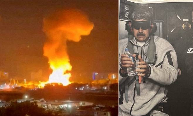 미군의 ‘확고한 결의 작전’이 전개된 3일(현지시간) 베네수엘라 수도 카라카스에서 공습 여파로 연기와 불길이 치솟고 있다(왼쪽). 오른쪽은 미군의 기습 작전으로 체포돼 압송된 니콜라스 마두로 베네수엘라 대통령의 모습. 도널드 트럼프 미국 대통령이 SNS 트루스소셜을 통해 공개했다. 로이터·연합뉴스