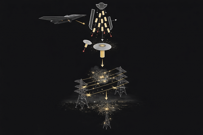 미국 공군의 BLU-114/B ‘그래파이트 폭탄’ 작동 개념도. 전투기에서 투하된 폭탄이 공중에서 다수의 소형 캔스터로 분산되고, 낙하산을 단 캔스터가 하강하며 탄소섬유 필라멘트를 확산시켜 송전선과 변류 설비를 단락(쇼트)시킨다. 폭발 없이 대규모 정전을 유발해 전력·통신·방공 인프라를 마비시키는 무기다.