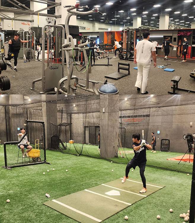 한화 선수들이 대전 한화생명볼파크 웨이트트레이닝장과 실내훈련장에서 훈련하고 있다. 한화이글스 제공