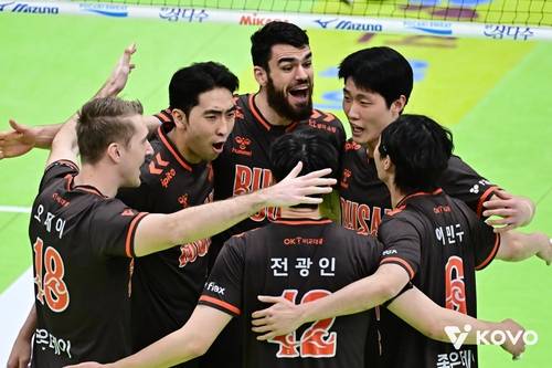 득점 후 기뻐하는 OK저축은행 선수들 [한국배구연맹 제공. 재판매 및 DB 금지]