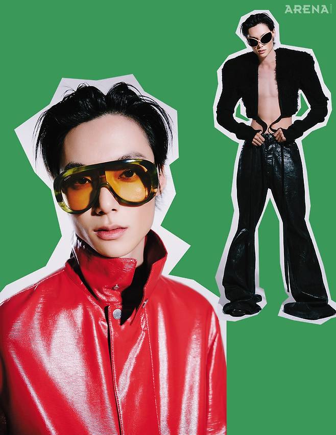(왼쪽부터) 레더 재킷 가격미정 에르메스, 선글라스 가격미정 구찌 by 케어링 아이웨어 제품. 파워 숄더 재킷·플레어 레더 팬츠 모두 가격미정 릭 오웬스, 부츠 가격미정 프라다, 커다란 렌즈가 돋보이는 선글라스 가격미정 발렌시아가 by 케어링 아이웨어 제품.&nbsp;
