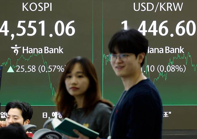 7일 오후 서울 중구 하나은행 본점 딜링룸 전광판에 증시 종가가 표시되고 있다. /뉴스1