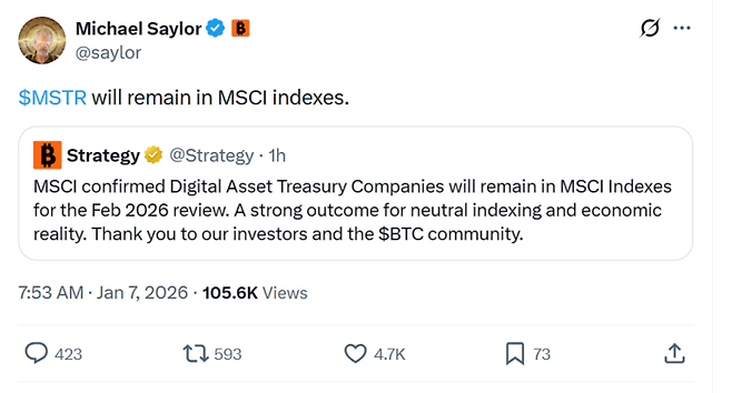 마이클 세일러 스트래티지 회장이 자신의 소셜미디어에 “MSTR은 MSCI 지수에 남을 것”이라는 짧고 굵은 메시지를 남겼다. 그는 비트코인 보유 비중에 따른 지수 퇴출 위기에서 벗어나며 경영 전략을 유지할 수 있게 됐다. [출처=엑스(X)]