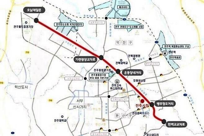 전주시가 기린대로에 계획한 간선급행버스체계(BRT) 구축 사업 노선도.&nbsp; &nbsp;전주시 제공