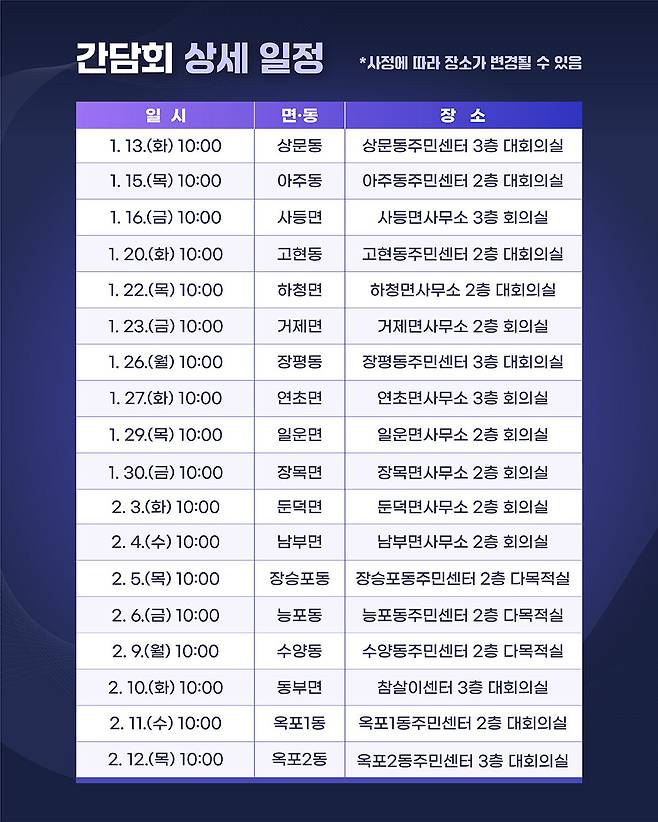 거제시 2026년 면·동 시민공감 간담회 일정표&nbsp;ⓒ거제시 제공