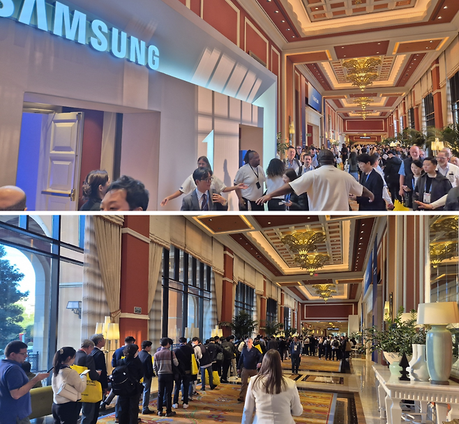 7일 미국 라스베이거스 윈 호텔에서 진행된 삼성전자 '더 퍼스트 룩' 전시 관람을 위해 대기하고 있는 관람객들 모습. /사진=이경남 기자 lkn@