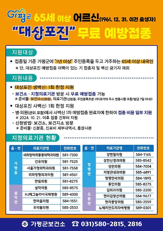 경기 가평군 대상포진 무료 예방접종 홍보 포스터.(가평군 제공. 재판매 및 DB 금지)/뉴스1