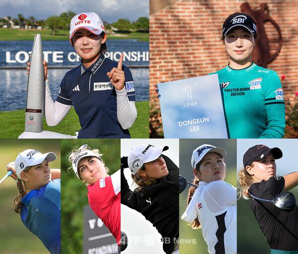 2026년 미국여자프로골프(LPGA) 투어 신인상에 도전하는 황유민(사진제공=ⓒAFPBBNews = News1), 이동은 프로(사진제공=LPGA 엡손투어). 그리고 함께 경쟁할 LPGA 투어 루키 (하단 왼쪽부터) 헬렌 브림, 나스타시아 나도, 미미 로즈, 사쿠라이 코코나, 키아라 탬벌리니. 사진제공=ⓒAFPBBNews = News1 (사진을 무단으로 사용하지 마십시오.)