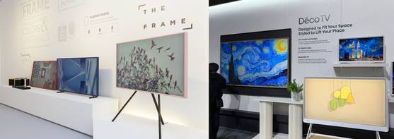 From left, Samsung Electronics' The Frame concept TVs, which were first debuted in 2017, and Hisense DecoTV, which launched in early December 2025 [SAMSUNG ELECTRONICS, SARAH CHEA]