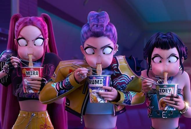 A still from Netflix's ″KPop Demon Hunters″ (2025), in which characters are seen eating ramyeon, or instant noodles [NETFLIX]