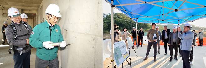 2024년 2월 박상돈 천안시장이 13년간 공사가 중단됐던 아파트 공사 현장에 나가 콘크리트 강도를 측정하고 있다(왼쪽). 2025년 10월 오세현 아산시장이 탕정면 한 아파트 건설현장을 찾아 공사 관계자들을 격려하고 있다(오른쪽).