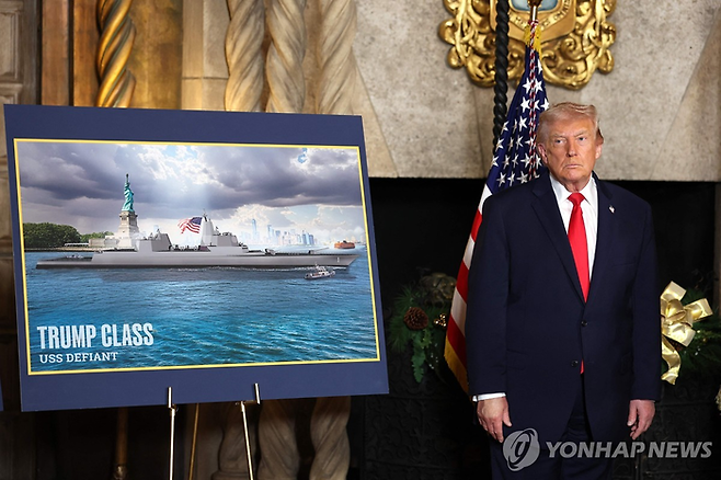 ‘트럼프급’ 전함 소개하는 도널드 트럼프 미국 대통령 [AFP = 연합뉴스]