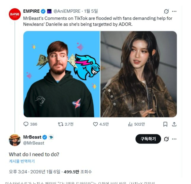 미스터비스트가 뉴진스 팬덤의 "다니엘을 도와달라"는 요청에 보인 반응. X(옛 트위터)