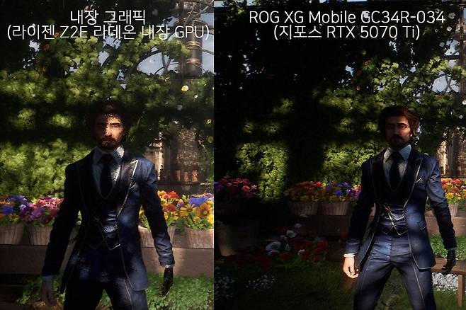 클레르 옵스퀴르 : 33 원정대를 실행한 모습. 좌측이 내장, 우측이 지포스 RTX 5070 Ti로 실행한 화면이다. 각각 기기 기본 설정으로 인물 묘사나 그림자 표현 등 그래픽 품질에서 큰 차이를 보인다 / 출처=IT동아