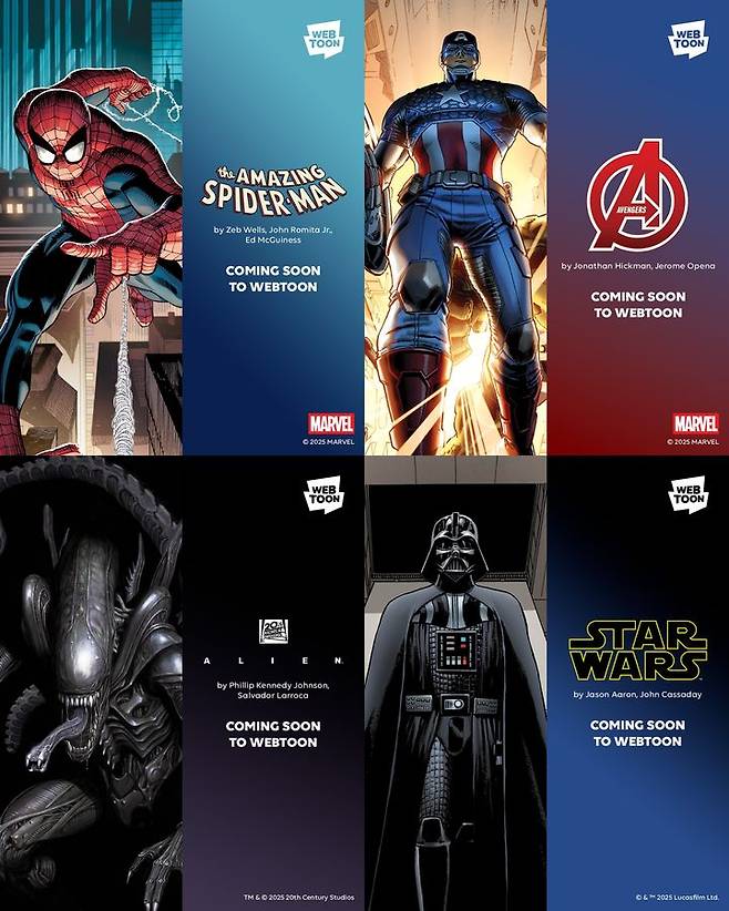 [서울=뉴시스] 네이버웹툰의 글로벌 플랫폼 웹툰 디즈니 전용관에서 감상할 수 있는 아주 오래된 이야기(왼쪽 시계방향으로), 어메이징 스파이더맨, 에어리언, 어벤져스, 스타워즈 작품. (사진=네이버웹툰 제공) 2026.01.09. photo@newsis.com *재판매 및 DB 금지