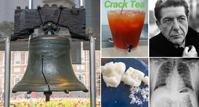 왼쪽부터 시계방향으로 필라델피아 '자유의 종' 균열(위키피디아), SNS에 올라온 크랙티(JerrrkTime), 레너드 코헨(The New Yorker), 크랙렁 방사선 사진(Eurorad), 크랙 코카인 실물(위키피디아). 사진=유영현 제공