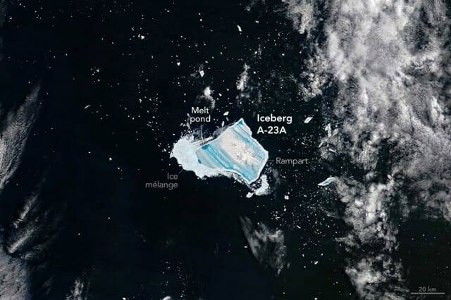 2025년 12월 26일 테라에 탑재된 카메라가 촬영한 A-23A 빙하의 모습 (사진=NASA)