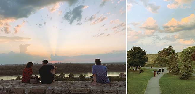 (좌)강변에서 일몰을 감상하는 사람들 (우)강변에 조성된 공원과 산책길