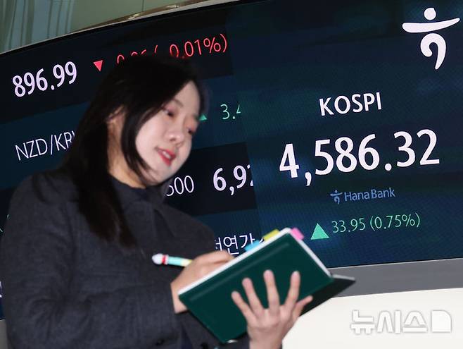 [서울=뉴시스] 배훈식 기자 = 코스피가 종가 기준 최고치를 기록한 9일 오후 서울 중구 하나은행 딜링룸 전광판에 코스피가 전 거래일 보다 33.95 포인트(0.75%) 오른 4586.32 포인트를 나타내고 있다. 2026.01.09. dahora83@newsis.com