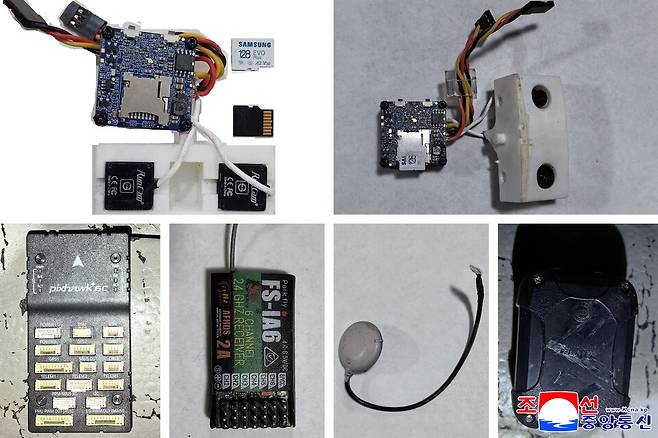 북한 조선인민군 총참모부 대변인은 1월10일 조선중앙통신을 통해 작년 9월과 올해 1월4일에 한국이 침투시킨 무인기를 격추했다고 주장하며 이에 대한 대가를 치르게 될 것이라고 위협했다. 사진은 북한이 주장한 한국 무인기 촬영 장치들 ⓒ 연합뉴스