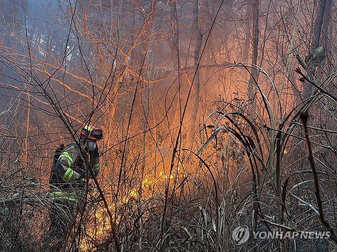 의성 산불 진화하는 소방관 (의성=연합뉴스) 10일 오후 경북 의성군에서 대형 산불이 나 산불 대응 2단계와 소방 대응 2단계가 발령된 가운데 한 소방관이 진화에 나서고 있다. 2026.1.10 [경북도소방본부 제공, 재판매 및 DB 금지] sunhyung@yna.co.kr