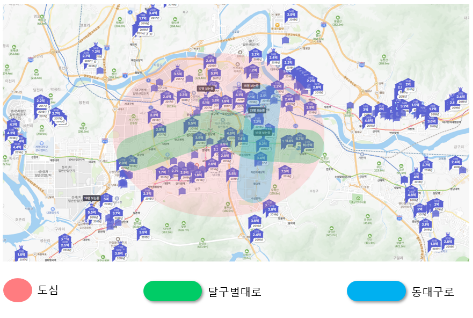 2015~2018년 대구 신규 아파트 공급 분포 도심과 외곽 택지지구에 신축 공급이 비교적 고르게 분산되며 가격대별 순차 상승이 가능했던 시기 (자료: 호갱노노)