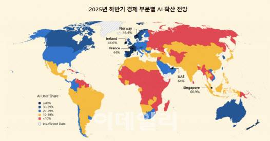 2025년 하반기 글로벌 AI 도입 현황. 파란색이 짙을수록 AI 사용자가 많은 국가다.(사진=MS)