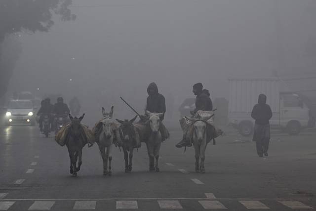 10일(현지시간) 파키스탄 라호르에서 사람들이 당나귀를 타고 이동하고 있다. 연합뉴스.