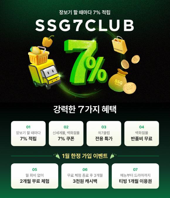SSG닷컴은 월 구독료 2900원에 장보기 결제 금액의 7%를 고정 적립해주는 '쓱세븐클럽'을 출시했다.[사진=SSG닷컴]