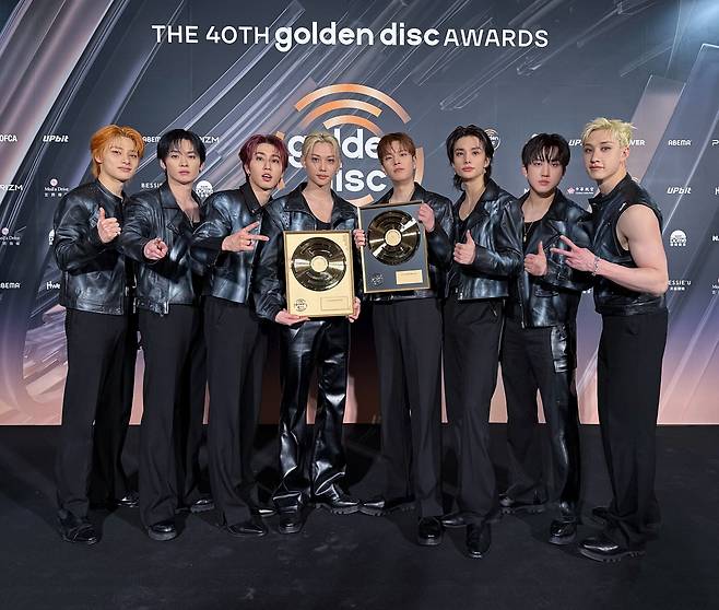 Stray Kids pose with their prizes won at the 40th Golden Disc Awards, held at the Taipei Dome in Taiwan on Saturday. (JYP Entertainment)